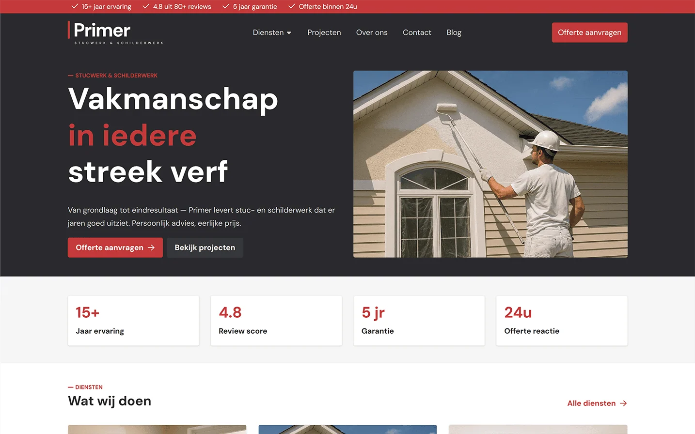 Homepage van een vakman-website met een duidelijke offerteknop