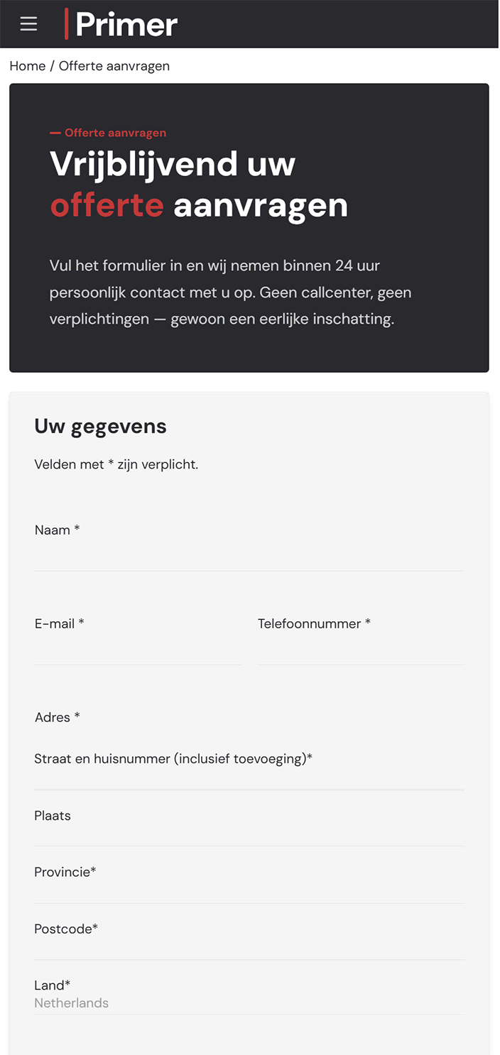 Offerteformulier op de telefoon met projecttype en foto-upload